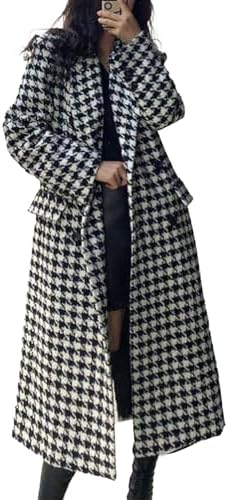 Amazon.com: chouyatou Women's Houndstooth Wool Trench Coat Notch